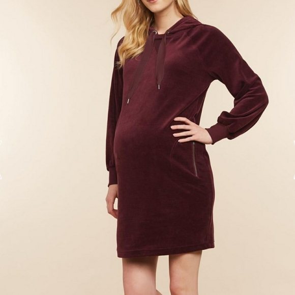 Jessica Simpson Dresses & Skirts - Jessica Simpson Burgundy Hooded Velour Maternity Dress Size XL